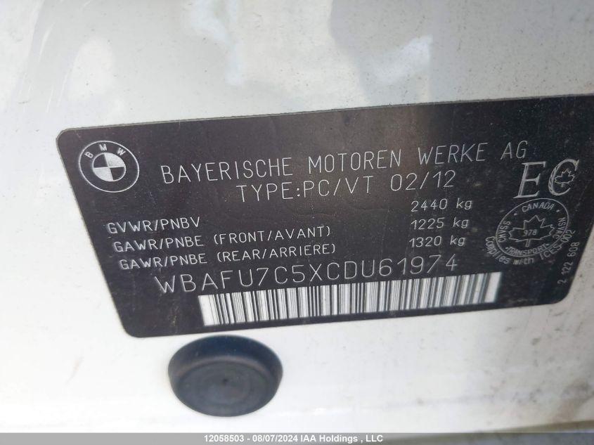 2012 BMW 535 Xi VIN: WBAFU7C5XCDU61974 Lot: 12058503