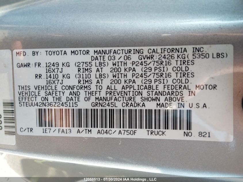 2006 Toyota Tacoma Access Cab VIN: 5TEUU42N36Z245115 Lot: 12058513