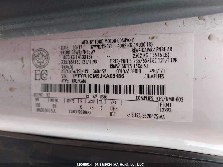 2018 Ford Transit T-250 VIN: 1FTYR1CM9JKA08486 Lot: 12058524