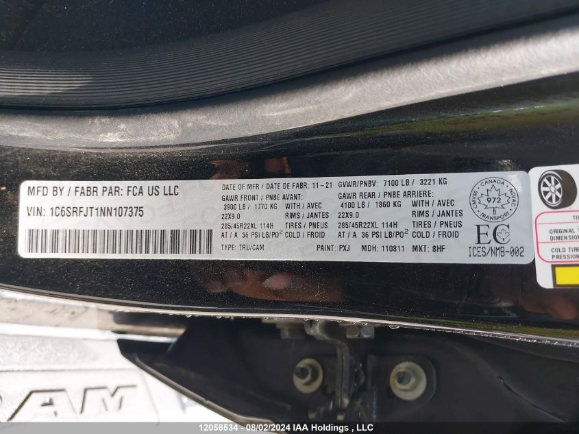 2022 Ram 1500 Laramie VIN: 1C6SRFJT1NN107375 Lot: 12058534