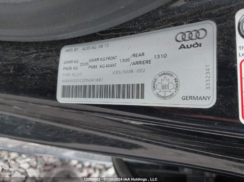2013 Audi S7 VIN: WAUW2CFC2DN041887 Lot: 12058552