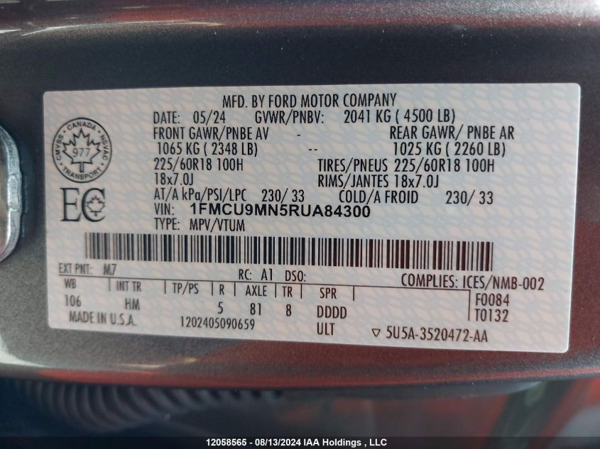 2024 Ford Escape St Line VIN: 1FMCU9MN5RUA84300 Lot: 12058565