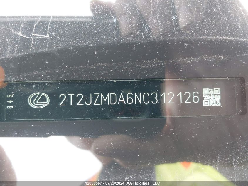 2022 Lexus Rx 350 VIN: 2T2JZMDA6NC312126 Lot: 12058567