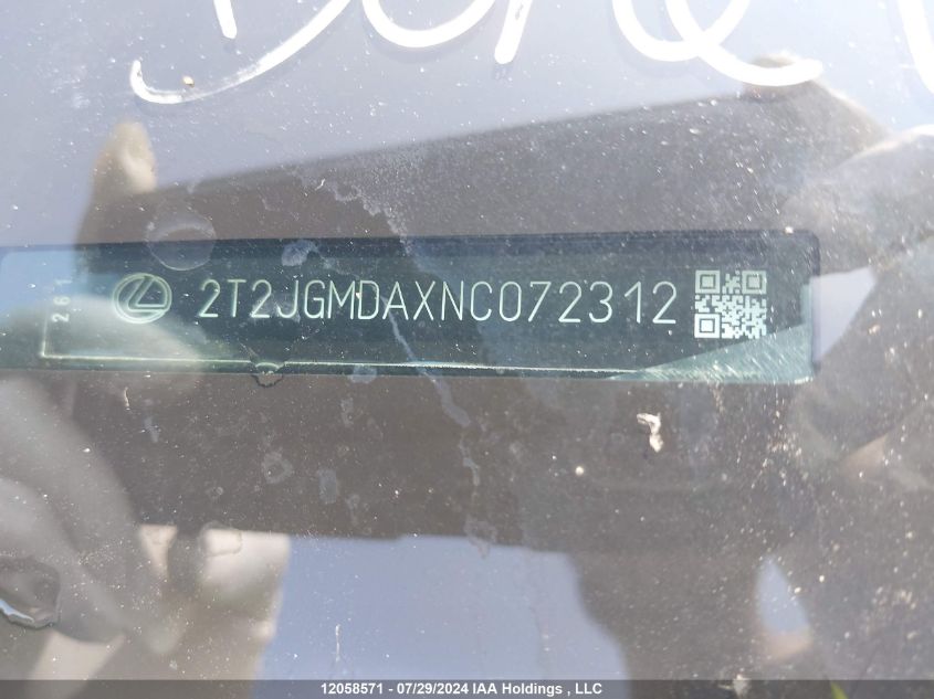 2022 Lexus Rx 450H VIN: 2T2JGMDAXNC072312 Lot: 12058571