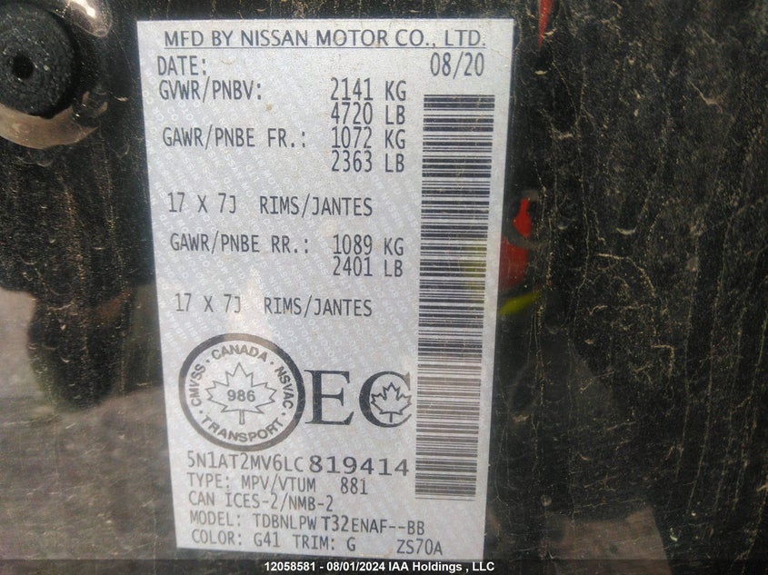 2020 Nissan Rogue VIN: 5N1AT2MV6LC819414 Lot: 12058581