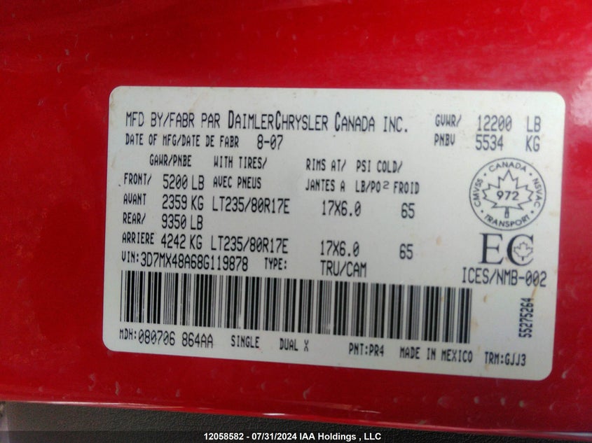 2008 Dodge Ram 3500 Laramie VIN: 3D7MX48A68G119878 Lot: 12058582