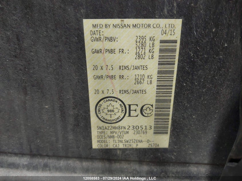 2015 Nissan Murano VIN: 5N1AZ2MH8FN230513 Lot: 12058583