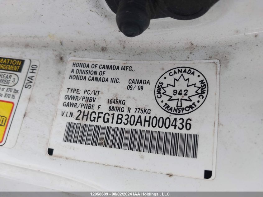 2010 Honda Civic Dx-G VIN: 2HGFG1B30AH000436 Lot: 12058609