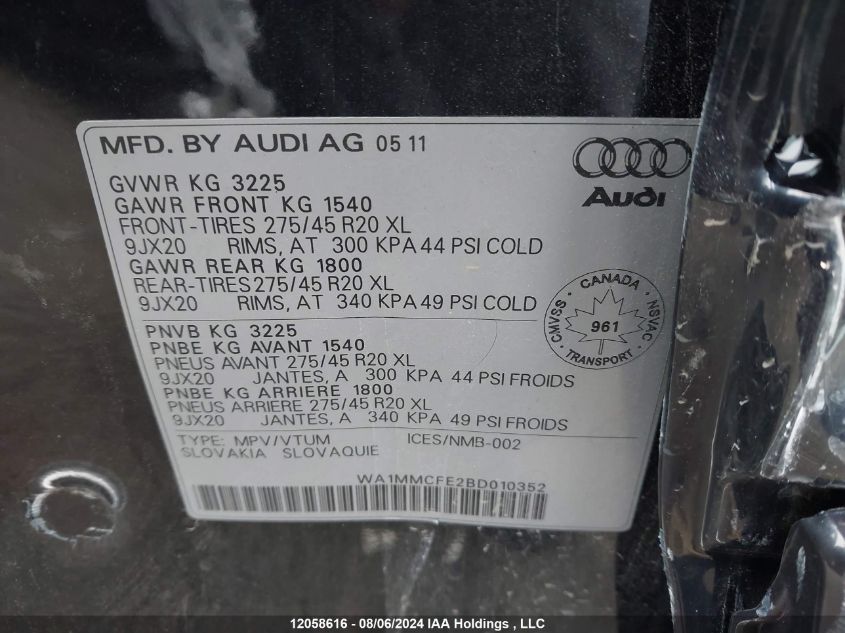 2011 Audi Q7 VIN: WA1MMCFE2BD010352 Lot: 12058616