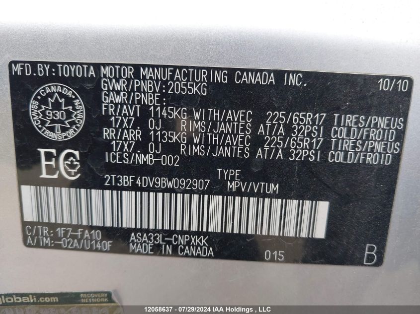 2011 Toyota Rav4 VIN: 2T3BF4DV9BW092907 Lot: 12058637