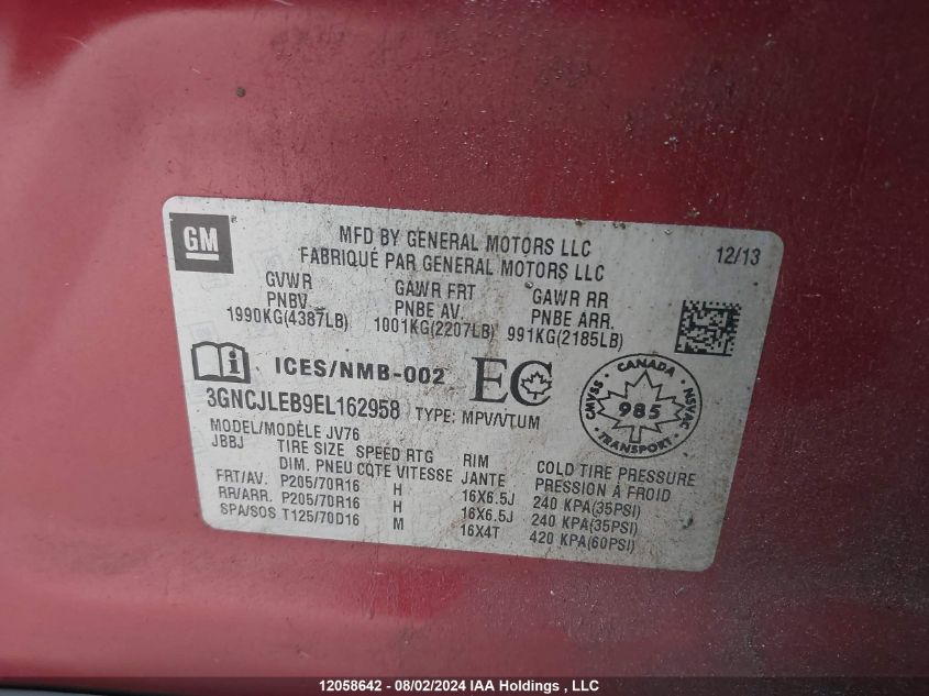 2014 Chevrolet Trax VIN: 3GNCJLEB9EL162958 Lot: 12058642