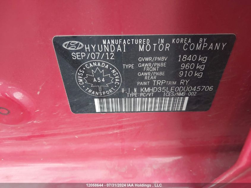 2013 Hyundai Elantra VIN: KMHD35LE0DU045706 Lot: 12058644