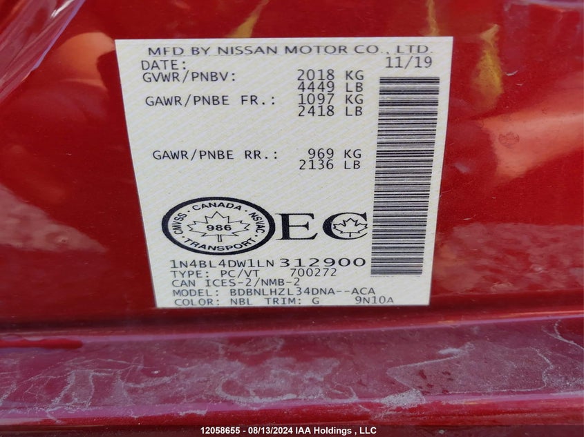 2020 Nissan Altima VIN: 1N4BL4DW1LN312900 Lot: 12058655