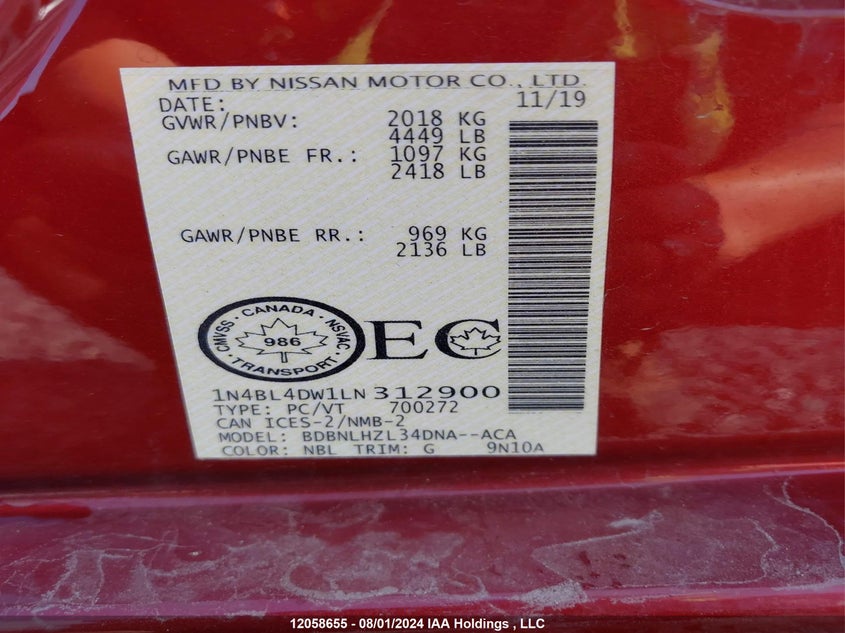 2020 Nissan Altima VIN: 1N4BL4DW1LN312900 Lot: 12058655