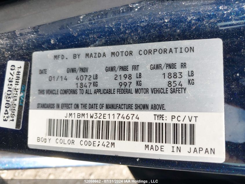 2014 Mazda 3 Grand Touring VIN: JM1BM1W32E1174674 Lot: 12058662