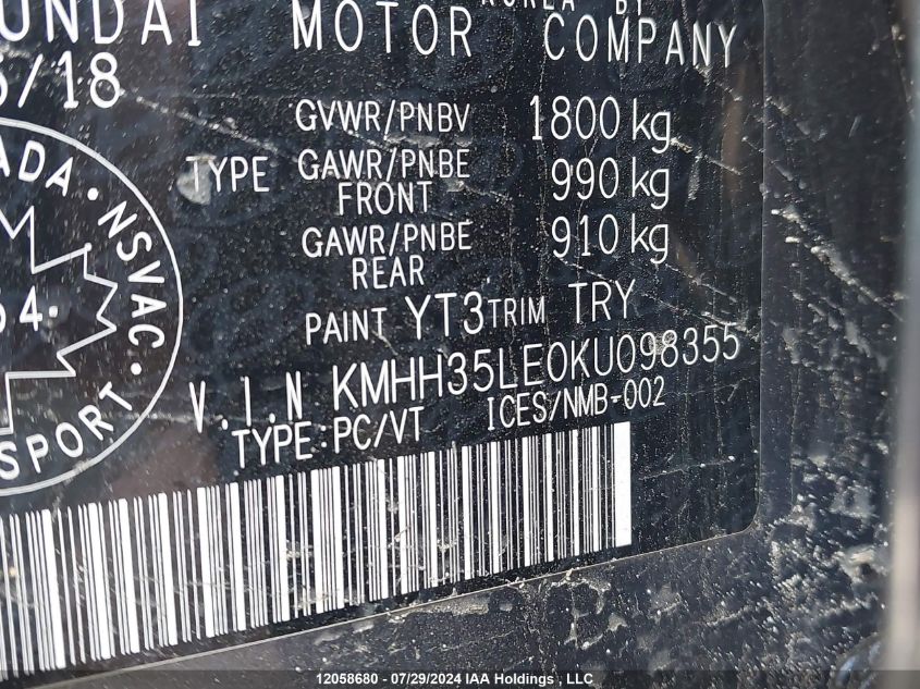 2019 Hyundai Elantra Gt Preferred VIN: KMHH35LE0KU098355 Lot: 12058680