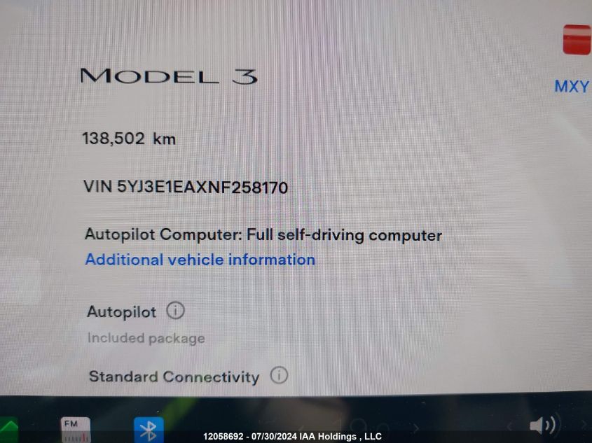 2022 Tesla Model 3 VIN: 5YJ3E1EAXNF258170 Lot: 12058692