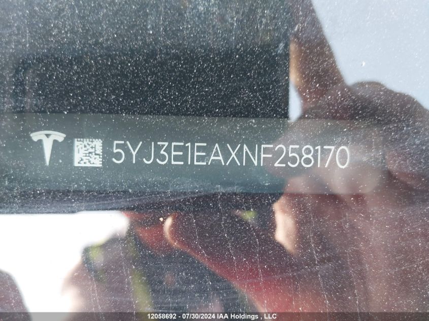 2022 Tesla Model 3 VIN: 5YJ3E1EAXNF258170 Lot: 12058692