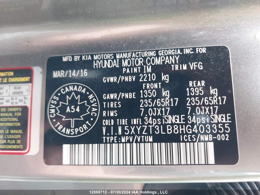 2017 Hyundai Santa Fe Sport 2.4 Base VIN: 5XYZT3LB8HG403355 Lot: 12058712