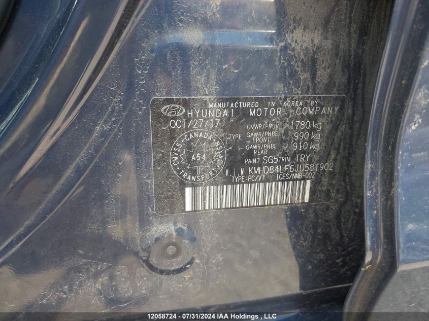 2018 Hyundai Elantra Gl Se VIN: KMHD84LF6JU581902 Lot: 12058724