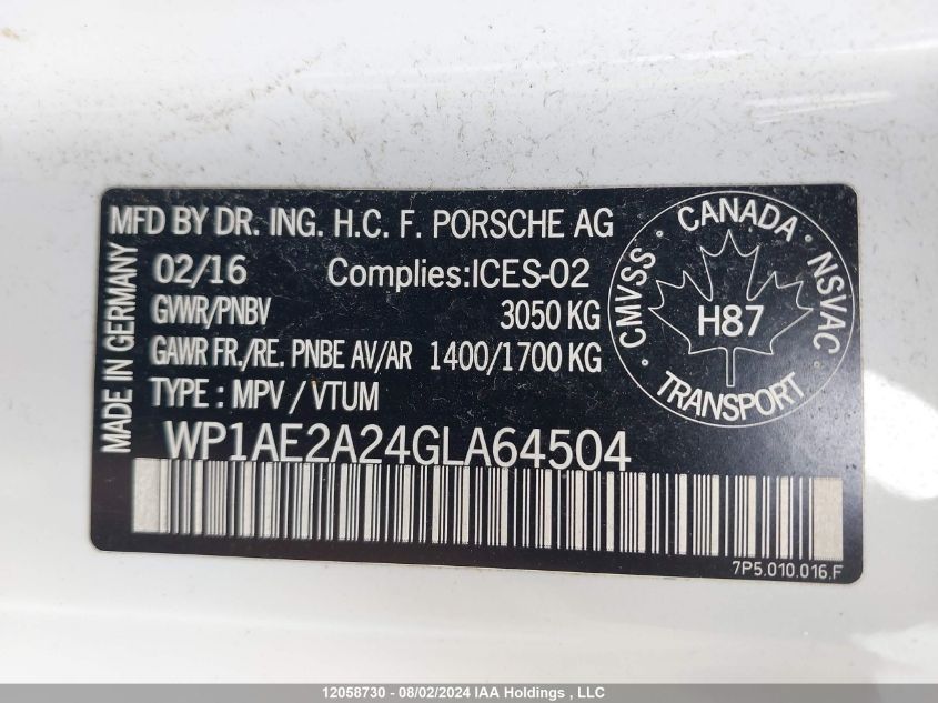 2016 Porsche Cayenne VIN: WP1AE2A24GLA64504 Lot: 12058730