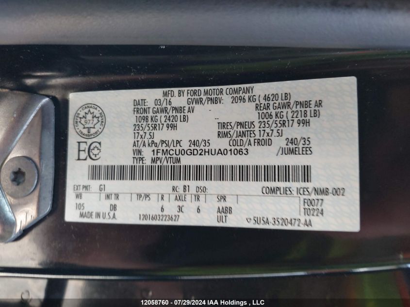 1FMCU0GD2HUA01063 2017 Ford Escape Se