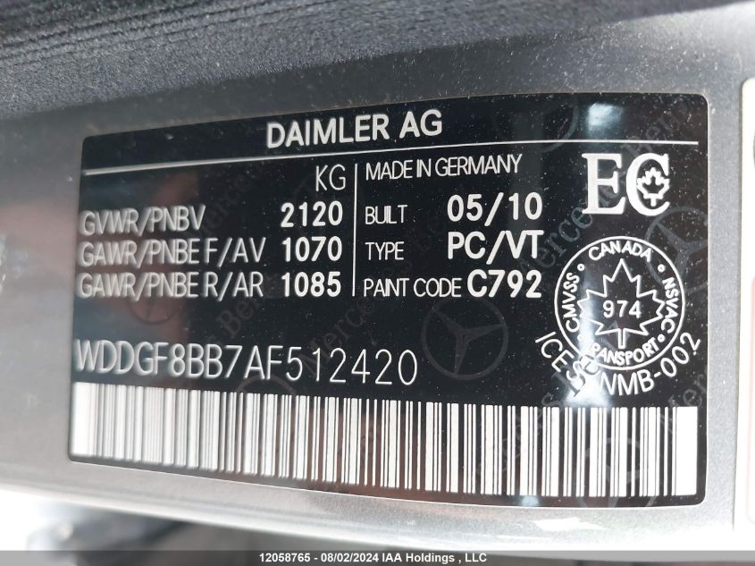 2010 Mercedes-Benz C 300 4Matic VIN: WDDGF8BB7AF512420 Lot: 12058765