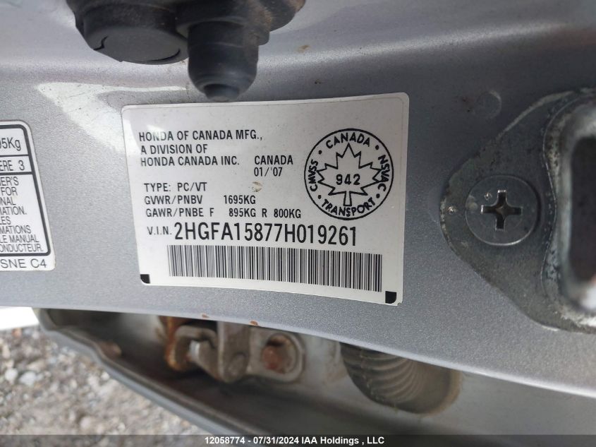 2007 Honda Civic VIN: 2HGFA15877H019261 Lot: 12058774
