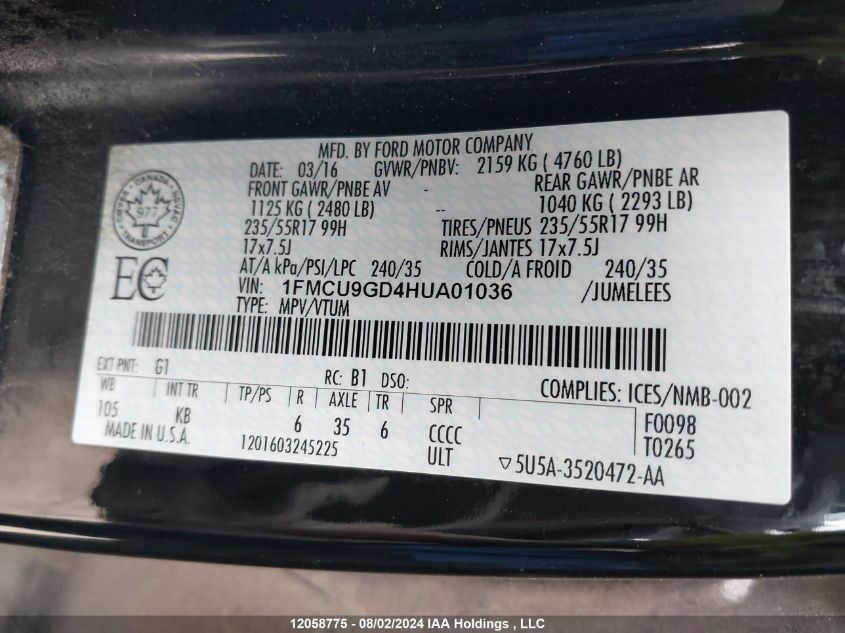 2017 Ford Escape Se VIN: 1FMCU9GD4HUA01036 Lot: 12058775