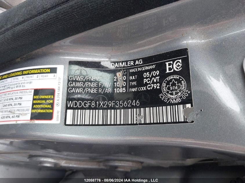 2009 Mercedes-Benz C 300 4Matic VIN: WDDGF81X29F356246 Lot: 12058776