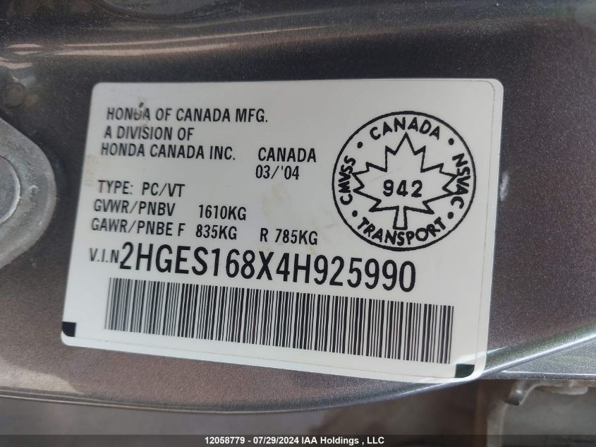 2004 Honda Civic Sdn VIN: 2HGES168X4H925990 Lot: 12058779