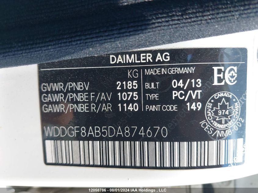 2013 Mercedes-Benz C-Class VIN: WDDGF8AB5DA874670 Lot: 12058786