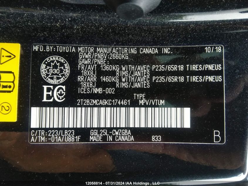 2019 Lexus Rx 350 VIN: 2T2BZMCA6KC174461 Lot: 12058814