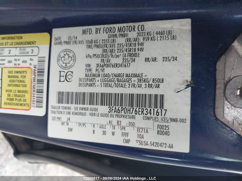 2014 Ford Fusion Se VIN: 3FA6P0H76ER341617 Lot: 12058817