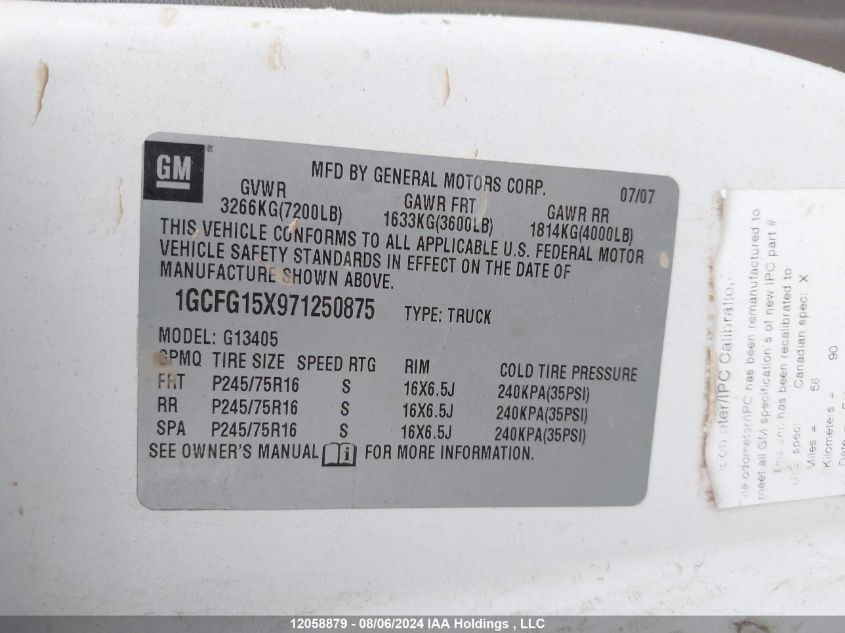 2007 Chevrolet Express Work Van VIN: 1GCFG15X971250875 Lot: 12058879