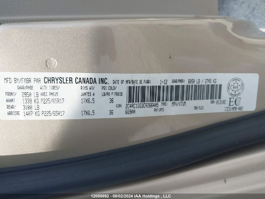 2012 Chrysler Town & Country Limited VIN: 2C4RC1GG3CR266405 Lot: 12058892