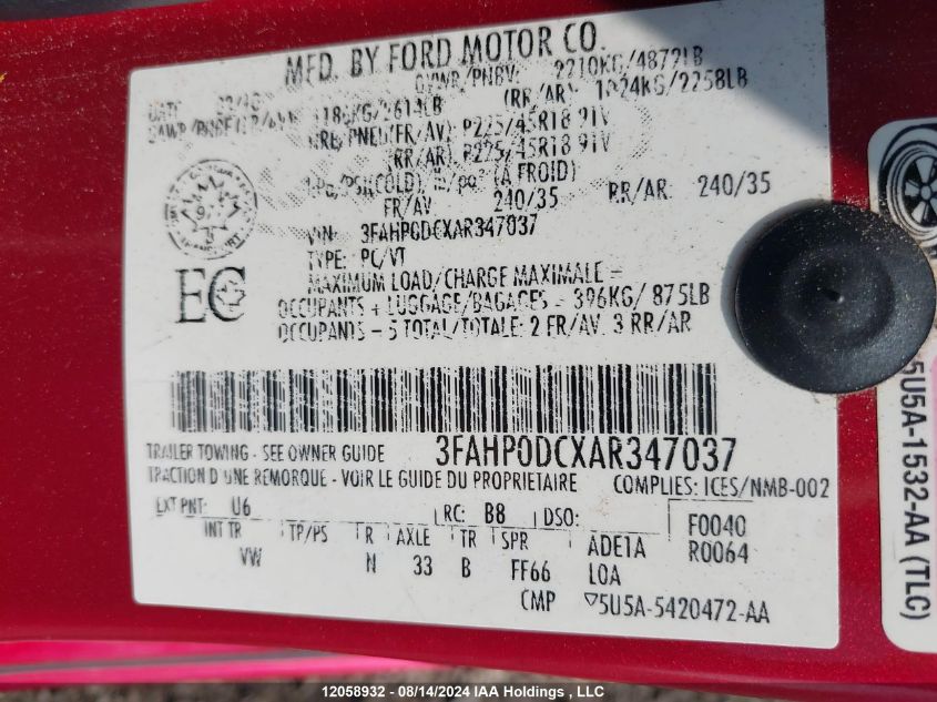 2010 Ford Fusion VIN: 3FAHP0DCXAR347037 Lot: 12058932