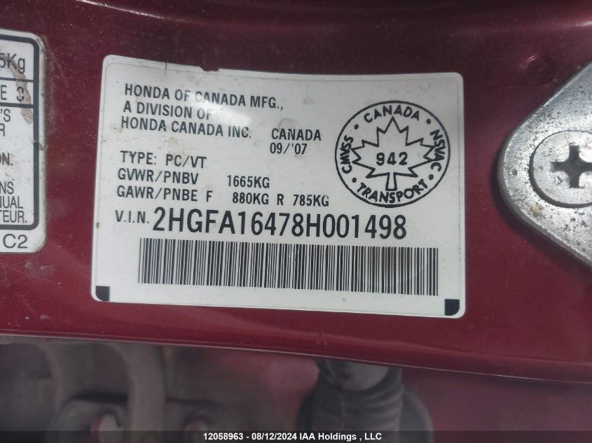 2008 Honda Civic VIN: 2HGFA16478H001498 Lot: 12058963