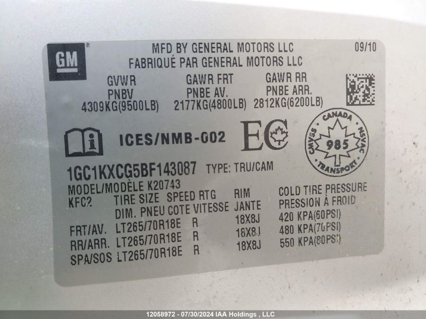 2011 Chevrolet Silverado K2500 Heavy Duty Lt VIN: 1GC1KXCG5BF143087 Lot: 12058972