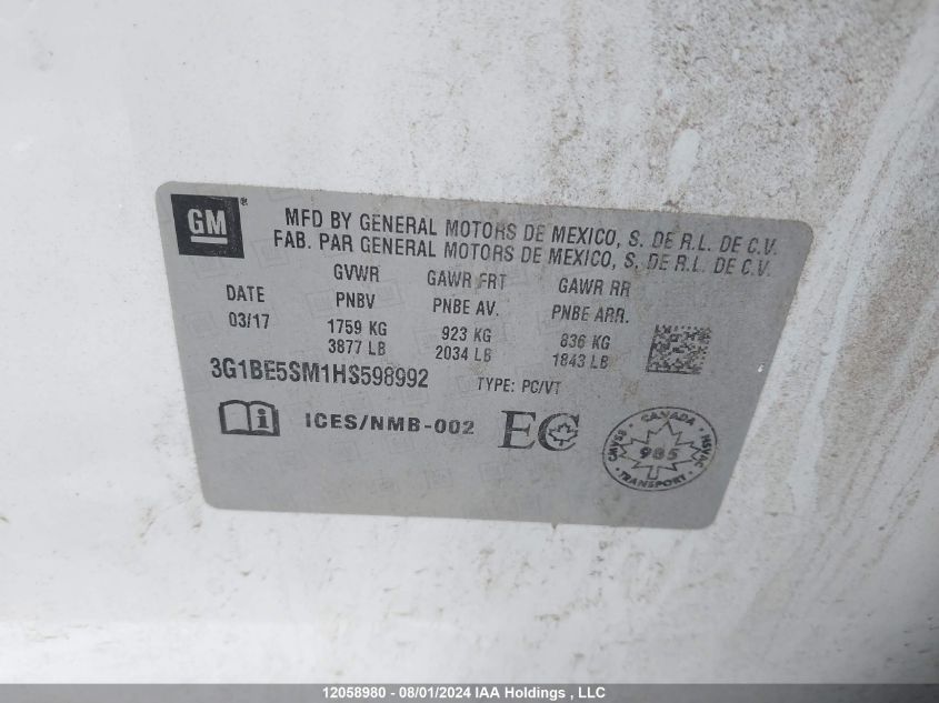 2017 Chevrolet Cruze VIN: 3G1BE5SM1HS598992 Lot: 12058980