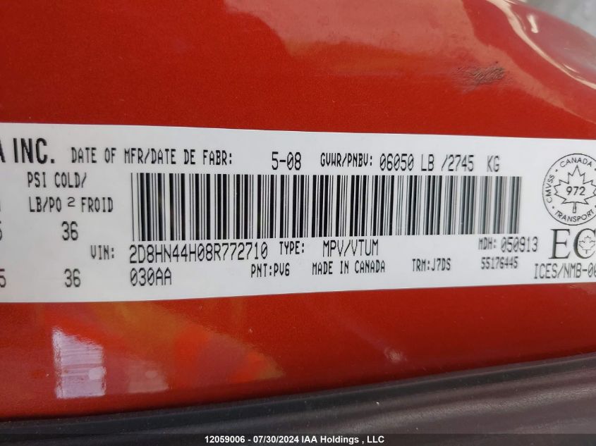 2008 Dodge Grand Caravan Se VIN: 2D8HN44H08R772710 Lot: 12059006