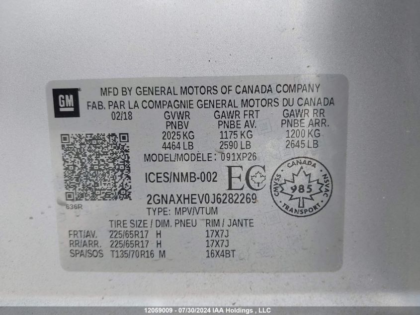 2018 Chevrolet Equinox VIN: 2GNAXHEV0J6282269 Lot: 12059009