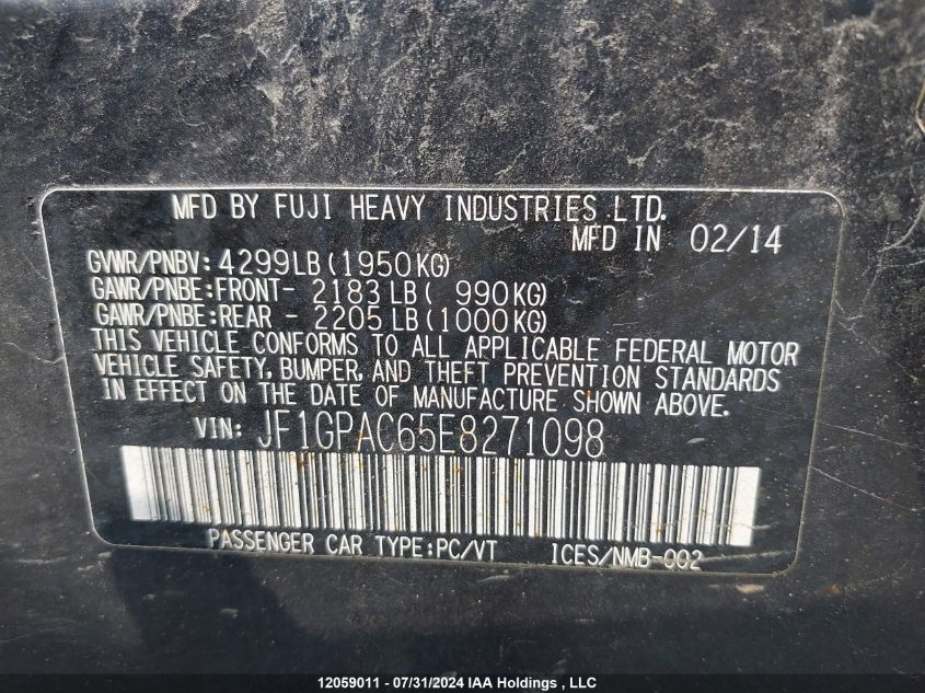 2014 Subaru Impreza VIN: JF1GPAC65E8271098 Lot: 12059011