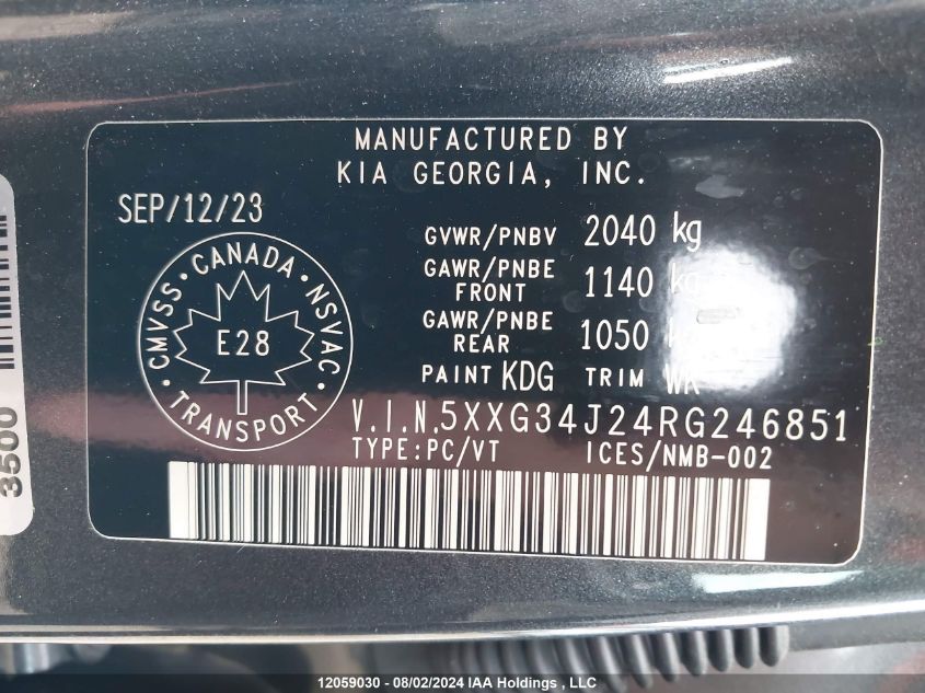 2024 Kia K5 VIN: 5XXG34J24RG246851 Lot: 12059030