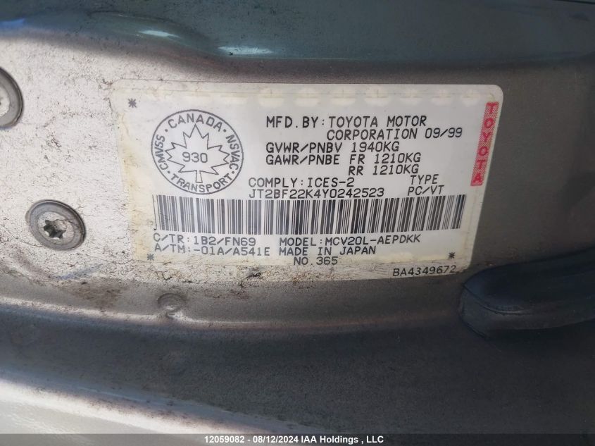 2000 Toyota Camry Ce VIN: JT2BF22K4Y0242523 Lot: 12059082