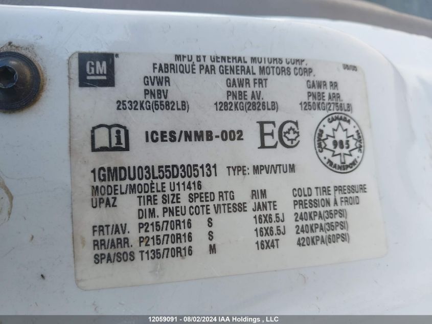 2005 Pontiac Montana Sv6 VIN: 1GMDU03L55D305131 Lot: 12059091