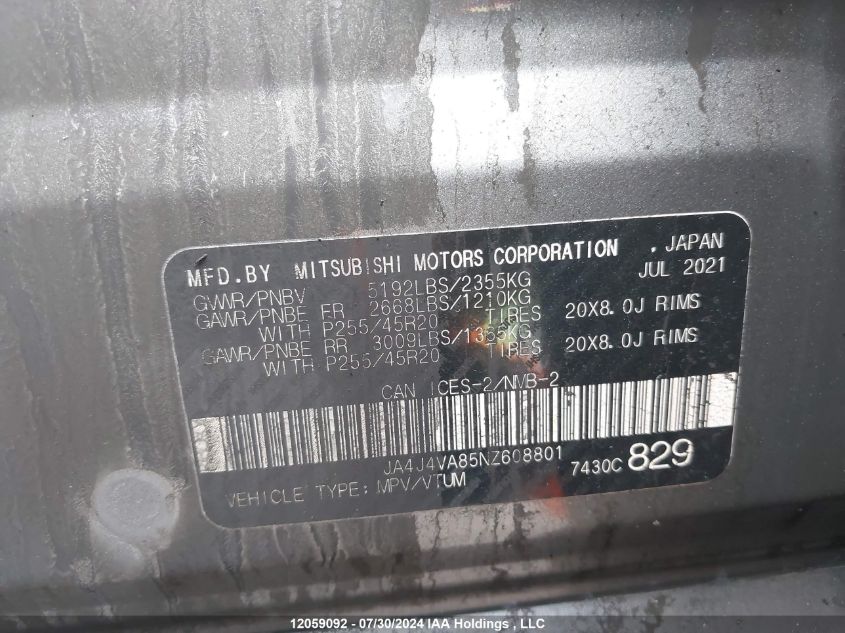 2022 Mitsubishi Outlander VIN: JA4J4VA85NZ608801 Lot: 12059092