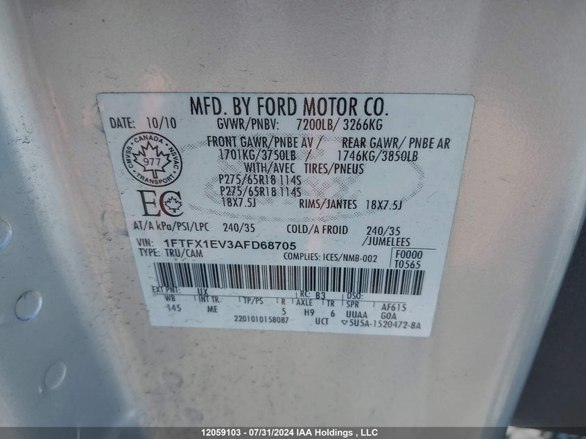 2010 Ford F-150 VIN: 1FTFX1EV3AFD68705 Lot: 12059103