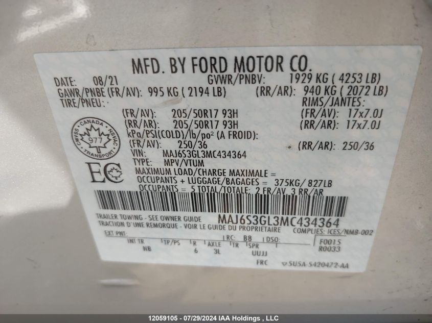 2021 Ford Ecosport Se VIN: MAJ6S3GL3MC434364 Lot: 12059105