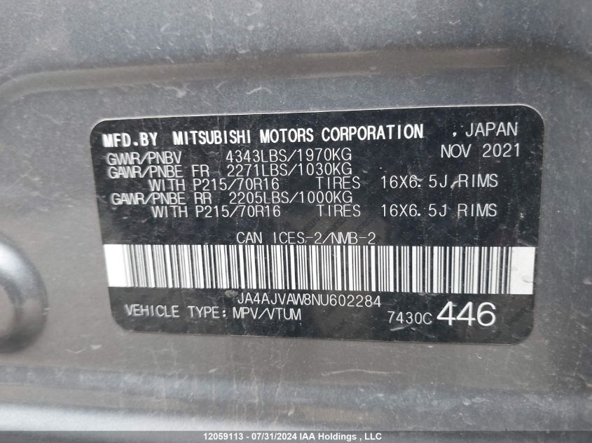 2022 Mitsubishi Rvr VIN: JA4AJVAW8NU602284 Lot: 12059113